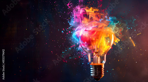 Captivating image of an exploding light bulb with colorful splashes, perfect for corporate presentations to symbolize innovative thinking and the spark of new ideas