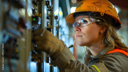 focused female engineer in safety gear adjusts complex machinery. Her expression of concentration and the detailed industrial environment highlight her expertise and precision required in her field.