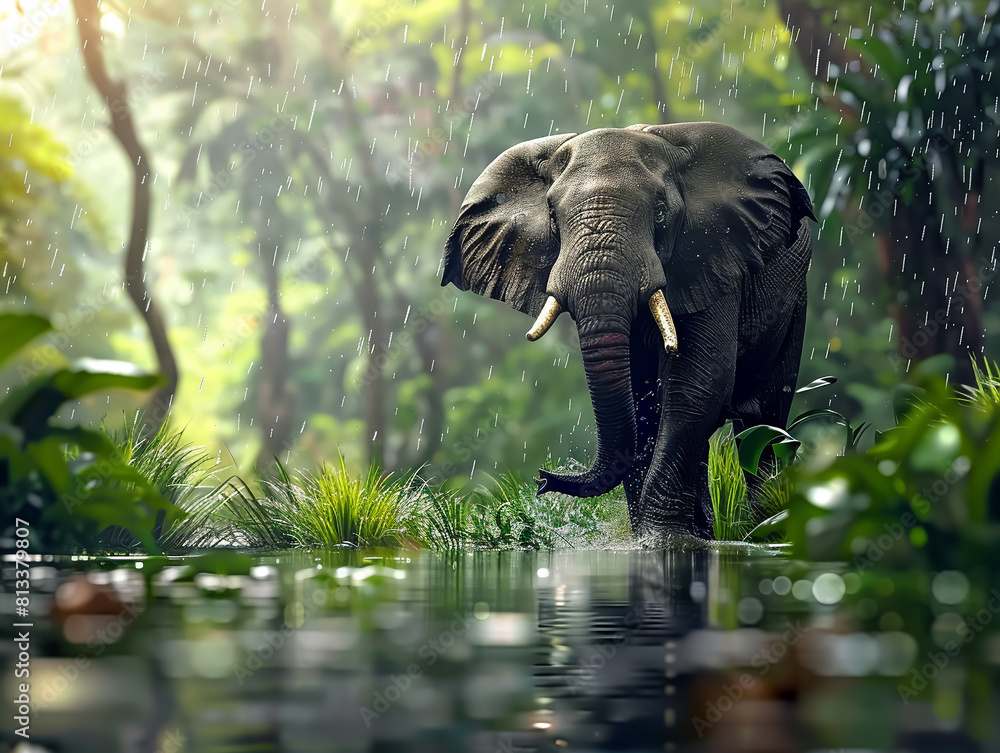 Fototapeta premium Elegant Elephant, Lush Green Jungle, Symbol of Wisdom and Strength, Standing Proudly, Rainy Day, 3D Render, Golden Hour, Depth of Field Bokeh Effect