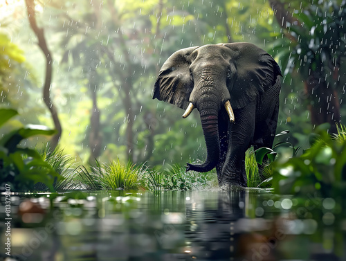 Elegant Elephant, Lush Green Jungle, Symbol of Wisdom and Strength, Standing Proudly, Rainy Day, 3D Render, Golden Hour, Depth of Field Bokeh Effect