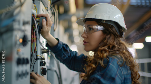 engaged female technician with curly hair meticulously adjusts controls on a manufacturing panel. Her expertise and focus illustrate the essential role of women engineering and technical workforce photo