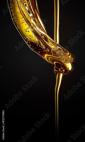 Liquid Gold  Stream of golden oil elegantly pouring with dynamic splashes  set against a dark background.  banner  mobile wallpaper