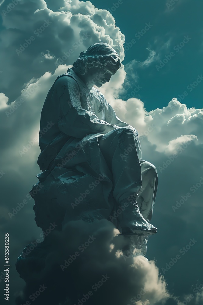A beautiful and serene statue of Jesus sitting on a rock outcropping, looking down at the Earth below. The sky is cloudy and the clouds are swirling around him. A beautiful and serene statue of Jesus sitting on a rock outcropping, looking down at the Earth below. The sky is cloudy and the clouds are swirling around him.