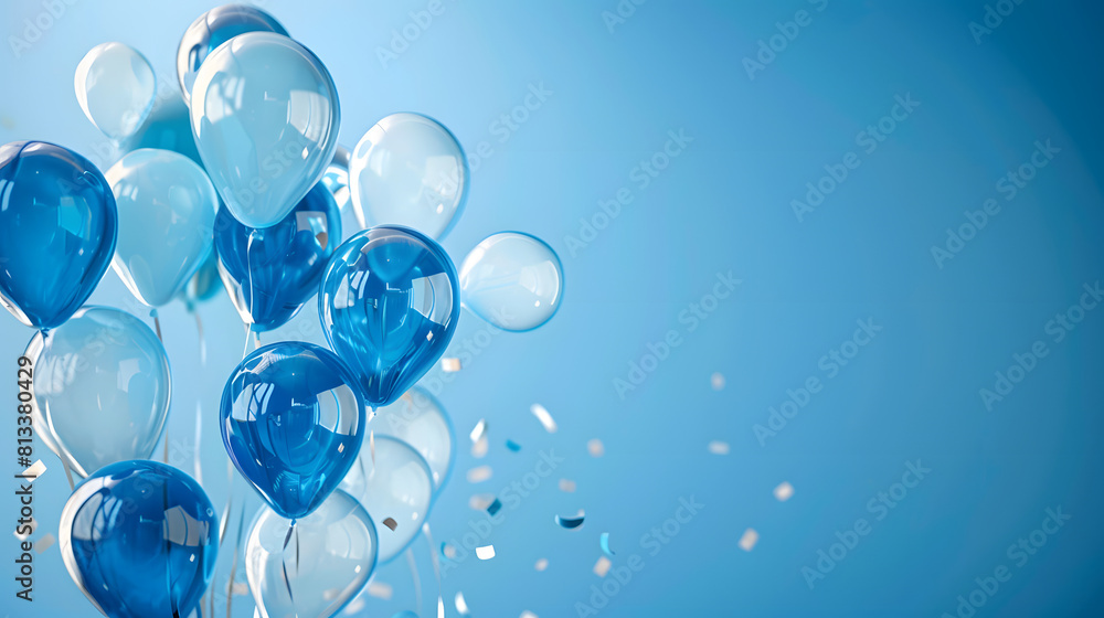 A beautiful arrangement of blue balloons in varying shades and finishes, including transparent and metallic textures, floats against a light blue background, adorned with subtle confetti copy space A beautiful arrangement of blue balloons in varying shades and finishes, including transparent and metallic textures, floats against a light blue background, adorned with subtle confetti copy space