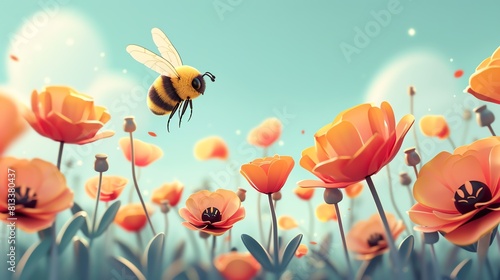 Create a watercolor painting of a bee pollinating a field of red poppies