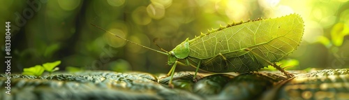 Leaf insect, leaf-like appearance, perfectly camouflaged in a forest setting, 3D render, golden hour lighting, double exposure effect photo
