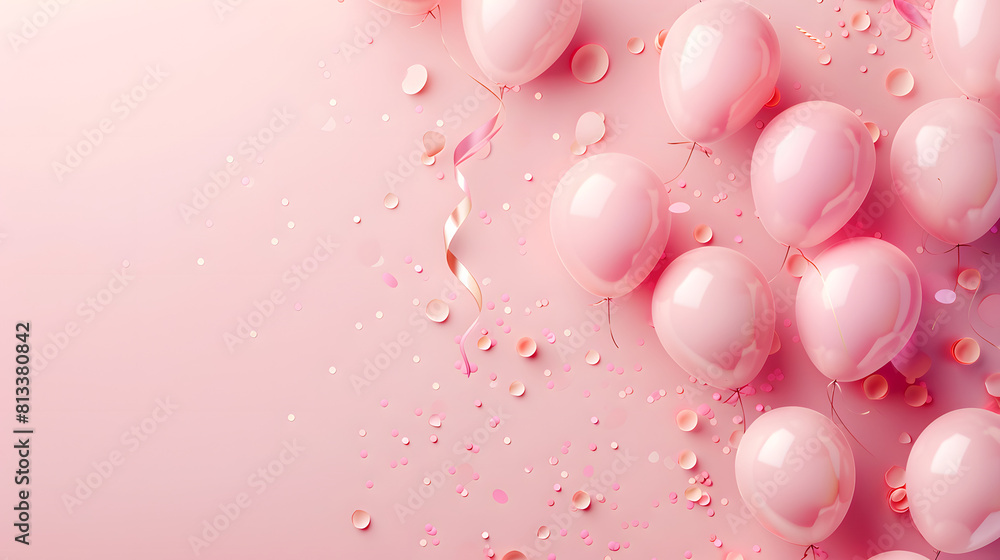 A charming array of pastel pink balloons enhanced by tiny floating confetti pieces, set against a soft pink background for a gentle, festive ambiance.
