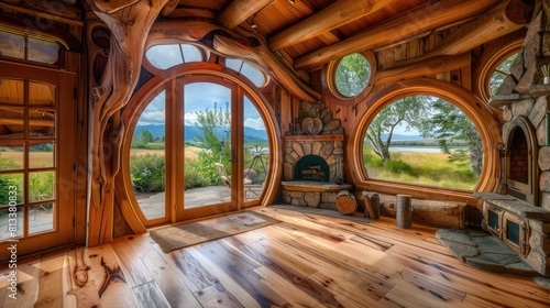 Hobbit house with classic wood interior with fireplace indoor look outside  