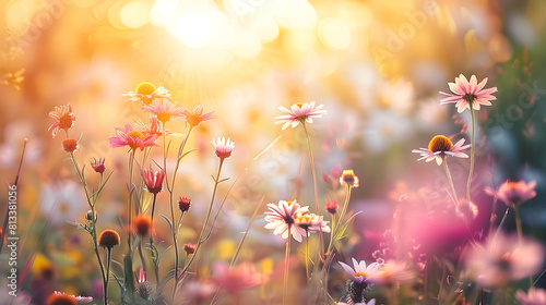 The setting sun casts a dreamy, soft glow over a field of diverse wildflowers, creating a tranquil and ethereal landscape that captivates the essence of late summer evenings © Gita