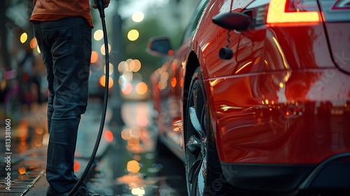 Midsection of man plugging in cable while charging electric car