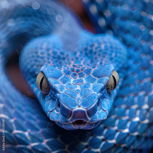 A coiled green snake flicking its tongue out. Macrophotography of the Green Tree Python (Morelia viridis), wildlife, snake with water drops on its skin, scales and eye  generative ai   photo