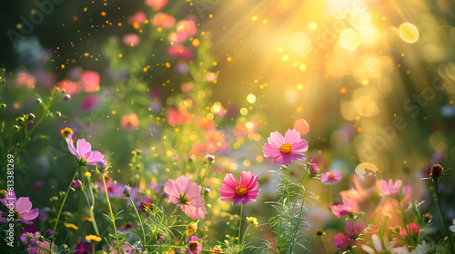Early morning sunlight streams through a meadow of pink wildflowers, casting enchanting light rays and creating a magical, dream-like atmosphere perfect for inspiring settings