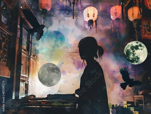 Starling, feathers, vibrant, a young artist sketching in a bustling alien marketplace, under the glow of multiple moons, AI-generated illustration, Rembrandt lighting, Vignette effect photo