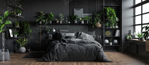 A contemporary minimalist bedroom, showcasing a monochrome black bed with crisp linens, a streamlined black dresser. tawassul photo
