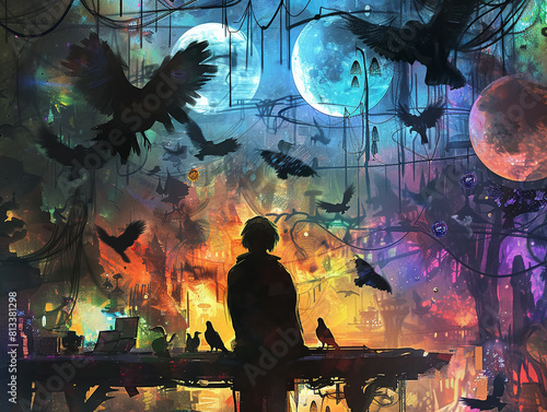 Starling, feathers, vibrant, a young artist sketching in a bustling alien marketplace, under the glow of multiple moons, AI-generated illustration, Rembrandt lighting, Vignette effect photo