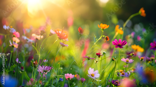The golden hour sunlight delicately filters through a vibrant field of mixed wildflowers, highlighting their rich colors and creating a serene, picturesque setting ideal for nature themes. © Gita