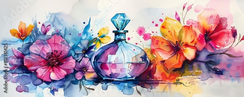 Create a beautiful watercolor painting of a perfume bottle with a diamondshaped cap, surrounded by a burst of colorful flowers photo