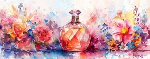 Create a beautiful watercolor painting of a perfume bottle with a diamondshaped cap, surrounded by a burst of colorful flowers photo