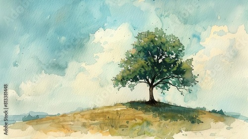 Create a watercolor painting of a solitary tree perched on a hill, embodying loneliness and resilience