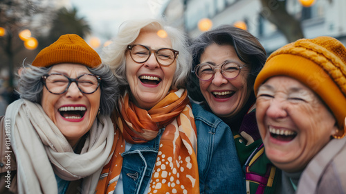 A group of senior women share infectious laughter on a crisp autumn day, their colorful scarves and hats adding a vibrant touch to the scene, symbolizing the warmth and joy of lifelong friendships.