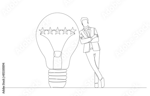 Continuous one line drawing of businessman leaning against light bulb with 5 stars inside, high quality creativity in work or business concept, single line art.