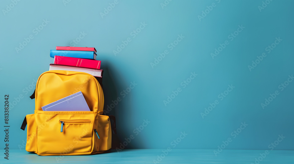A vibrant yellow backpack stands against a blue backdrop, filled with colorful books, portraying readiness and enthusiasm for the upcoming school season. copy space A vibrant yellow backpack stands against a blue backdrop, filled with colorful books, portraying readiness and enthusiasm for the upcoming school season. copy space