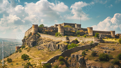 A panoramic view of a well-preserved fortress perched atop a hill, its ancient stone walls bearing witness to centuries of military history, from medieval sieges to modern strategic defenses. photo