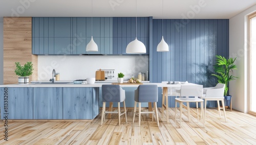 A modern kitchen with sleek white blue cabinets and blue wall, contemporary appliances, and bright, spacious ambiance. tawassul photo
