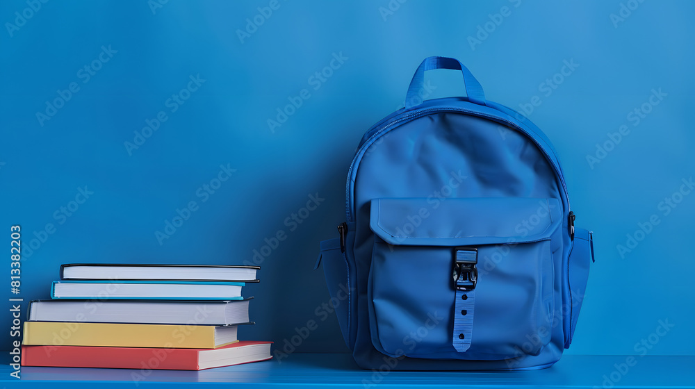 A serene blue backpack beside a stack of books on a unified blue background, creating a calm and focused educational setting with ample space for text. A serene blue backpack beside a stack of books on a unified blue background, creating a calm and focused educational setting with ample space for text.