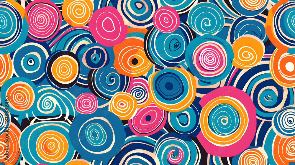 This energetic seamless pattern showcases bohemian spirals in a riot of colors, including pink, orange, and blue, perfect for dynamic designs and eclectic decor.
