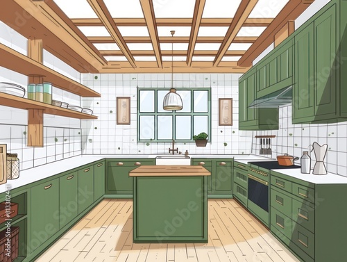 Traditional green Modern and elegant art deco kitchen interior illuminated by natural light. Luxury kitchen interior design. tawassul © Tawassul