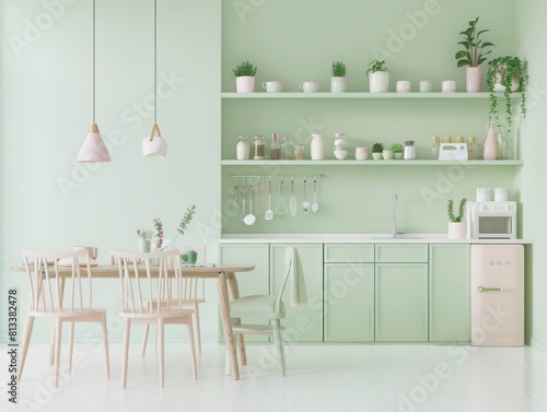 Traditional green Modern and elegant art deco kitchen interior illuminated by natural light. Luxury kitchen interior design. tawassul photo