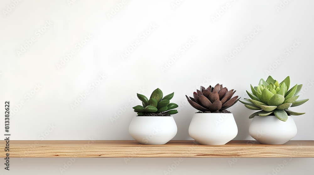 A close-up shot of a trio of succulent plants in sleek, minimalist pots arranged on a wooden shelf against a white wall, complementing the contemporary interior design aesthetic.