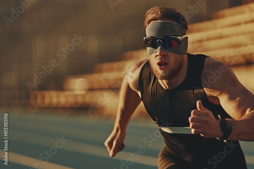 Blind athlete competes in a track race, running independently with determination photo