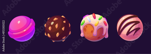 Cute candy planet for fantasy game ui universe design. Cartoon vector illustration set of funny sweet dessert confectionery balls made of lollipop, ice cream, chocolate with nut chips, cake with icing