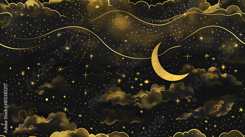 seamless pattern features whimsical golden waves flowing through a starlit sky, accented by a delicate crescent moon. The design combines fantasy and elegance, ideal for backgrounds or thematic decora photo