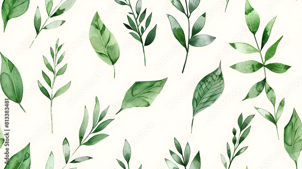 A seamless pattern featuring green watercolor leaves intricately arranged on a white background. Perfect for nature-inspired designs, wallpapers, and fabric prints.