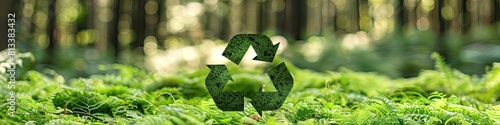 A green leafy forest with a recycling symbol in the middle
