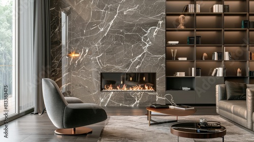 living room, marble wall fireplace and stylish bookcase to the ceiling. generative ai