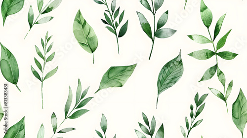 A seamless pattern featuring green watercolor leaves intricately arranged on a white background. Perfect for nature-inspired designs, wallpapers, and fabric prints. photo