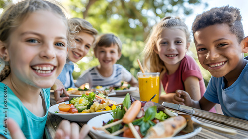 A group of smiling children enjoying a healthy picnic lunch together at a wooden table in a sunny outdoor setting. Ideal for themes of friendship  healthy eating  and outdoor activities.