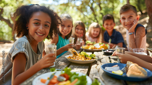 Diverse group of joyful children sharing a meal and smiles around a rustic picnic table in a leafy park setting  showcasing friendship and healthy eating outdoors.