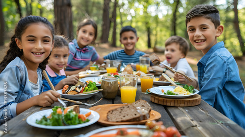 A group of happy children enjoying a delicious picnic meal together at a wooden table in a forest setting. Perfect for themes of friendship  nature  and outdoor fun.