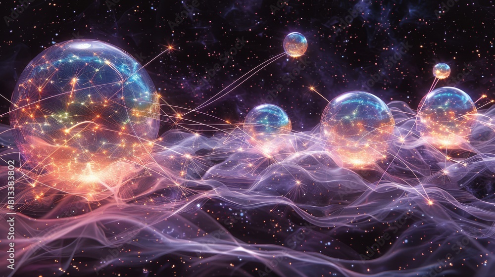 Mysterious cosmic scene with multiple glowing orbs interconnected by vibrant energy streams Mysterious cosmic scene with multiple glowing orbs interconnected by vibrant energy streams