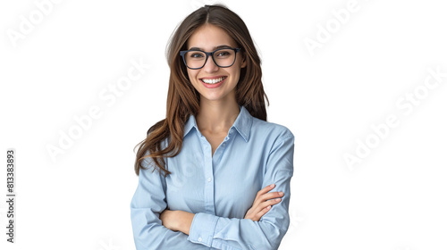 Happy young smiling confident professional business woman wearing blue shirt and glasses. transparent, isolated on white. PNG.