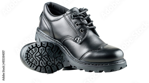 Pair of black safety leather shoes transparent, isolated on white. PNG. Work shoes for men in factory or industry to protect foot from accident. Safety footwear.