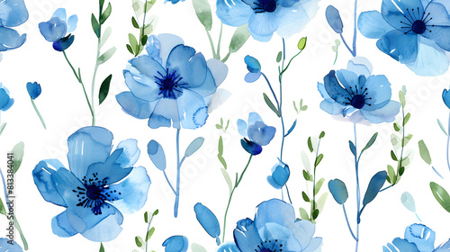 Fototapeta Naklejka Na Ścianę i Meble -  A seamless pattern featuring blue watercolor flowers and green leaves on a white background. Perfect for textile designs, wallpapers, and elegant decorative projects.