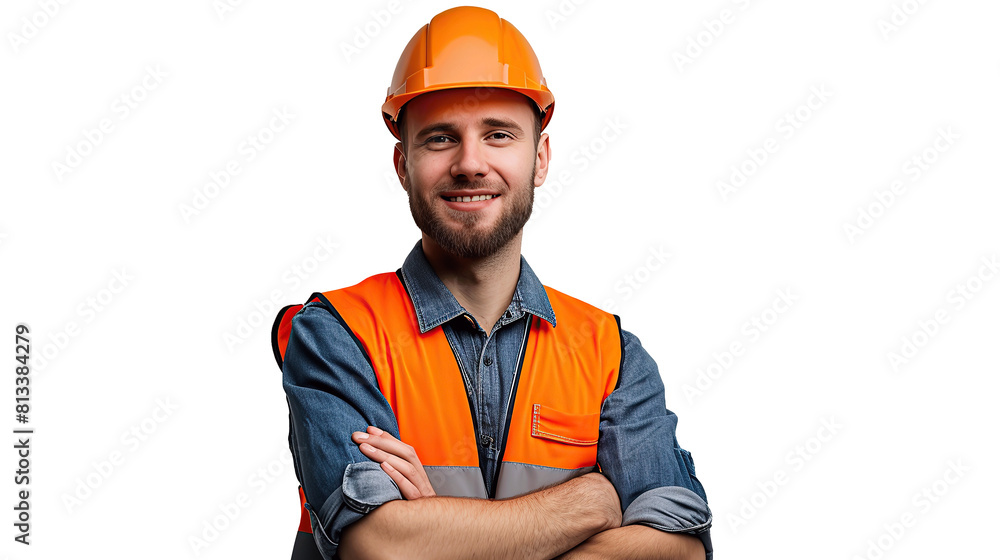 Smiling Face Male Bricklayer With Safety And Crossed Arms Isolated on a Transparent Background. PNG. Smiling Face Male Bricklayer With Safety And Crossed Arms Isolated on a Transparent Background. PNG.