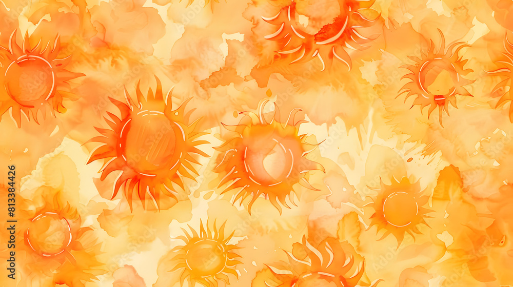 A seamless pattern featuring vibrant orange suns on a watercolor background with various shades of orange. Perfect for textile designs, wallpapers, and bright decorative projects. A seamless pattern featuring vibrant orange suns on a watercolor background with various shades of orange. Perfect for textile designs, wallpapers, and bright decorative projects.