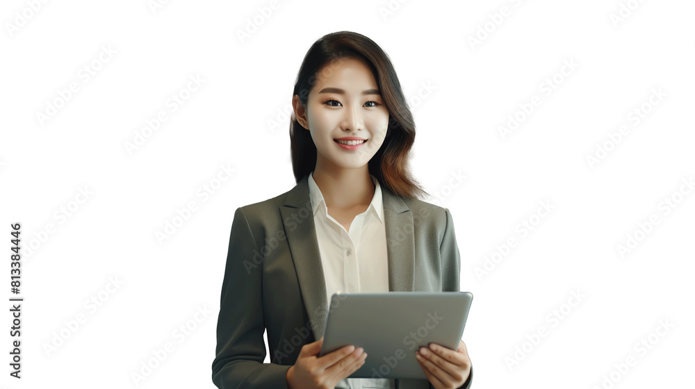 Young Asian business woman entrepreneur standing in office holding digital tablet. transparent, isolated on white. PNG. Young Asian business woman entrepreneur standing in office holding digital tablet. transparent, isolated on white. PNG.
